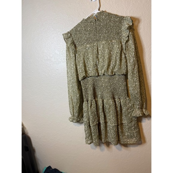 She + Sky Olive Green Floral Ruffle Smocked Mock Neck Long Sleeve Mini Dress - Picture 2 of 3
